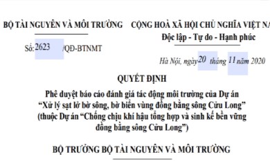 Quyết Định Số: 2623 /QĐ-BTNMT Của Bộ Tài Nguyên Và Môi Trường Ngày 20/11/2020