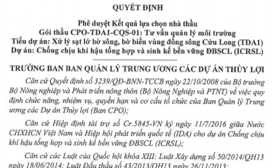 Quyết định phê duyệt KQLCNT gói thầu CPO-TDA1-CQS-01: Tư vấn quản lý môi trường thuộc TDA1: Xử lý sạt lở bờ sông, bờ biển vùng ĐBSCL